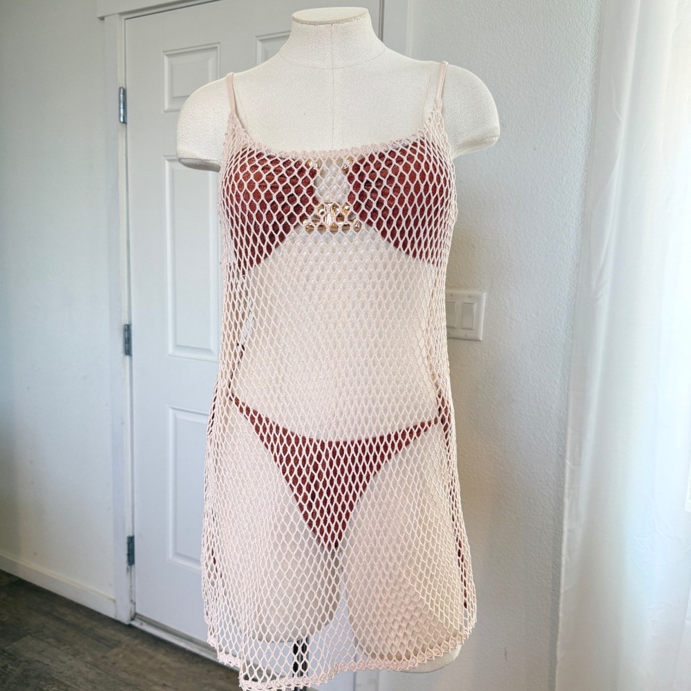 Crochet Fishnet Cover Up Dress Womens XS Pink Open Knit Beach Mini Dress Mermaid